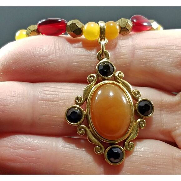 Vintage 1928 Necklace Red Gold Beaded Pendant Quartz Cabochon Black Crystals - Picture 9 of 10